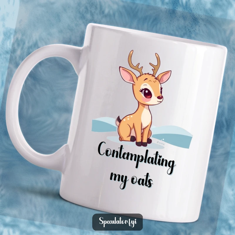 Funny kawaii deer mug, with a thoughtful expression, gazing at a distant horizon, evoking peace and reflection.