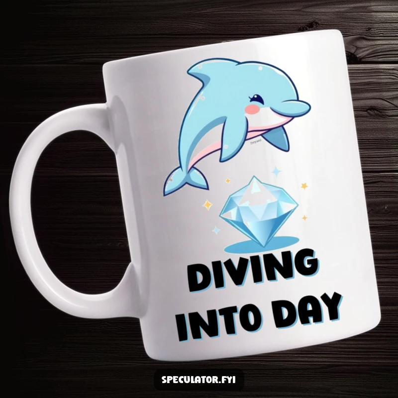 Funny playful dolphin mug, leaping joyfully over a sparkling diamond, a humorous and aquatic-themed design.