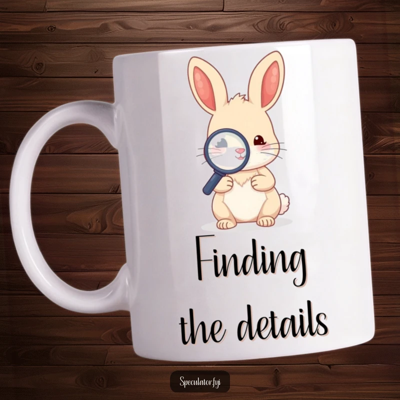Funny kawaii rabbit character holding a magnifying glass and peering intently at a tiny object on a mug.