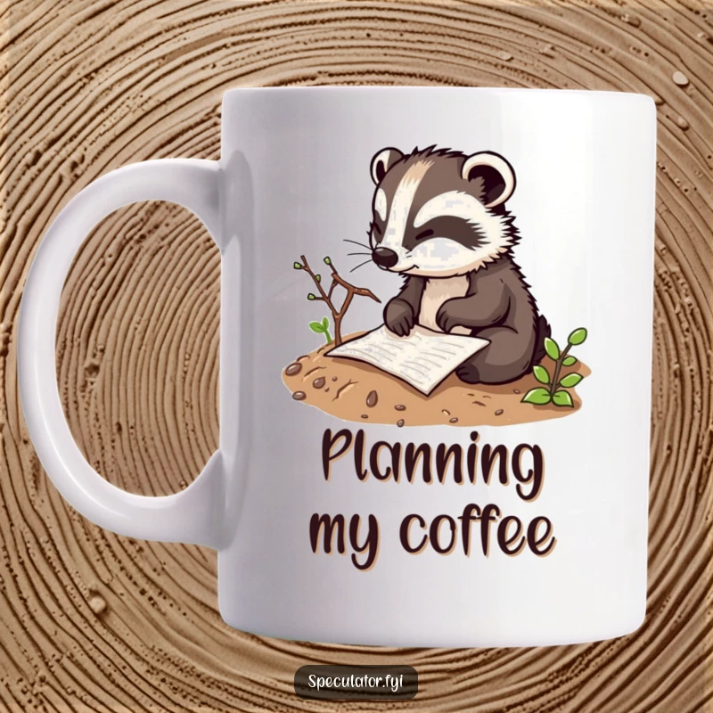 Funny thoughtful badger character mug sketching a plan in the dirt with a twig, illustrating strategic thinking and earthy humor.