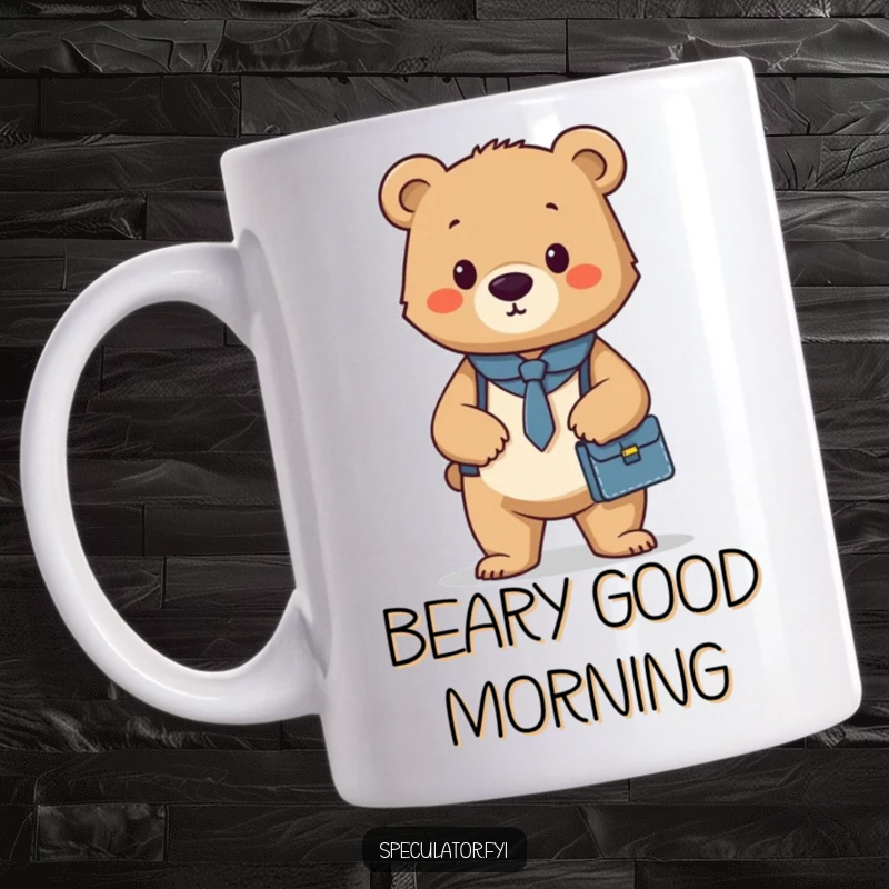 Funny mug showing a confident bear cub standing tall and proud, holding a small briefcase, ready for business.