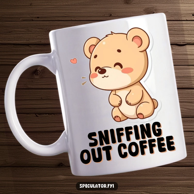 Funny bear cub mug with a curious expression, sniffing the air, embodying a spirit of exploration and gentle humor. A sweet and funny gift.