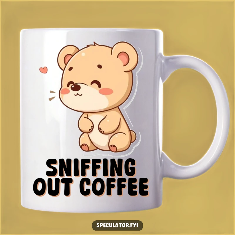 Funny Bear Cub Sniffing Mug: Curious Explorer, Perfect Funny Gift