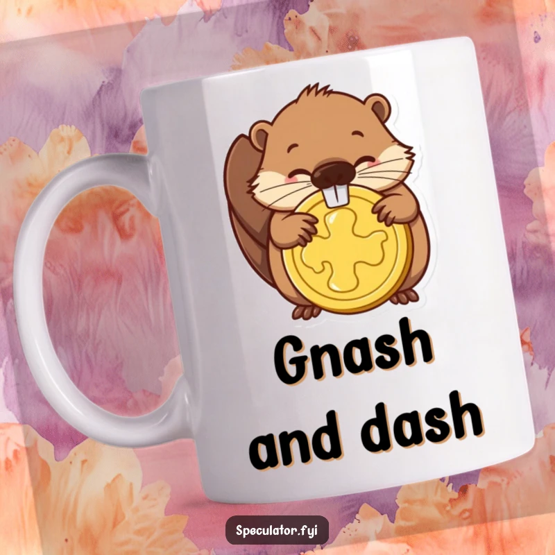 Funny mug showing a determined beaver gnawing on a shiny golden coin, symbolizing hard work and financial goals.