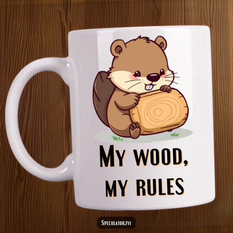 Funny Beaver mug, a resourceful animal character inspecting a log with intense focus, ideal for builders and planners.