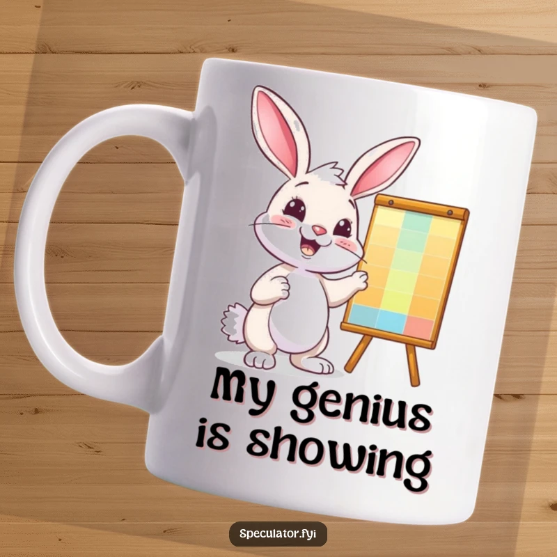 Funny bunny analyst mug, confidently pointing at a vibrant upward trending chart, business humor.