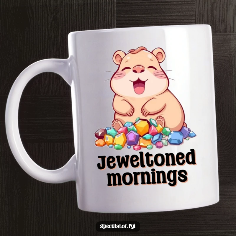 Funny capybara mug with a joyous character relaxing peacefully near a sparkling pile of precious jewels.