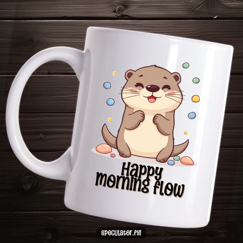 Funny Otter Mug: A cheerful otter happily juggles shiny pebbles, radiating fun and playful energy.