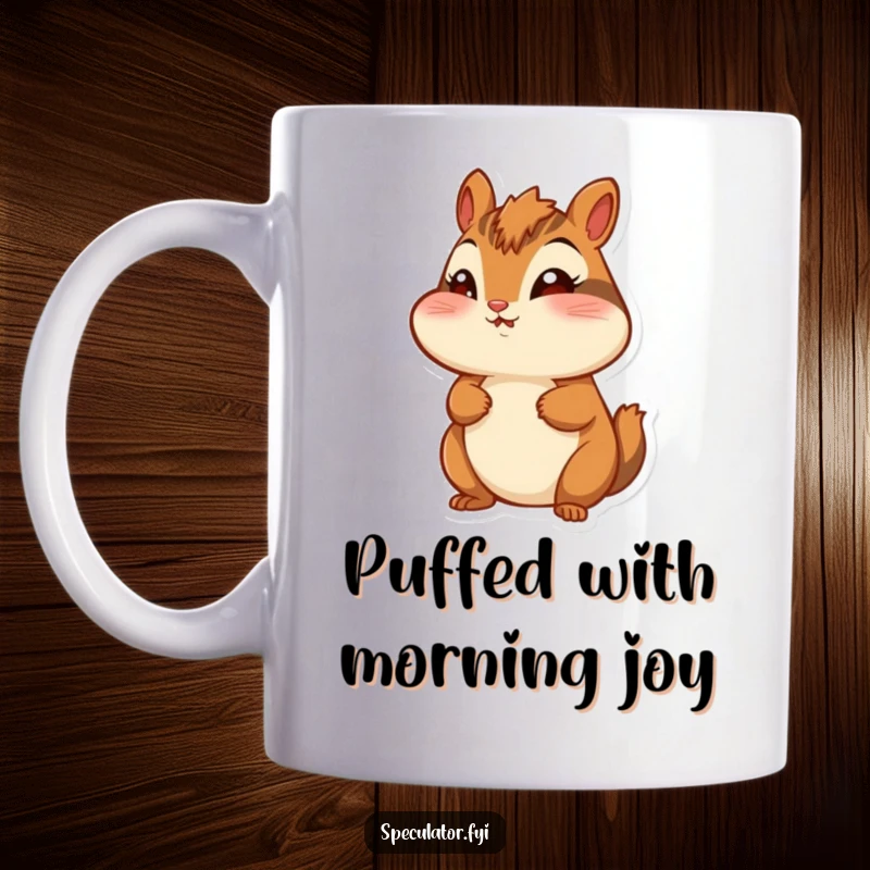 Funny chipmunk mug, cheeks puffed out, looking around with wide-eyed wonder, perfect for cheerful gift.