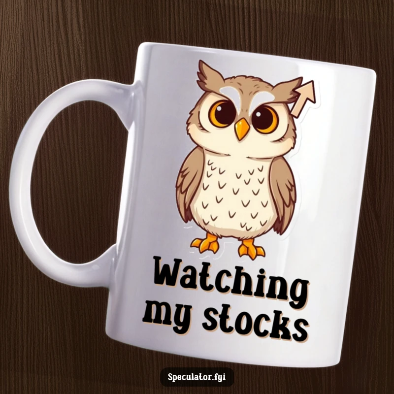 Funny Mug: A wise owl with its head tilted curiously, observing an upward-trending arrow icon, symbolizing investigation.