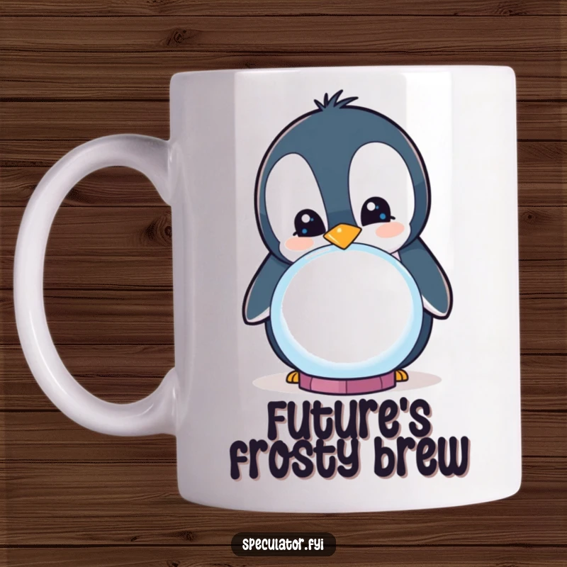 Funny curious penguin smiling while peering into a crystal ball on a mug, a whimsical and humorous item.