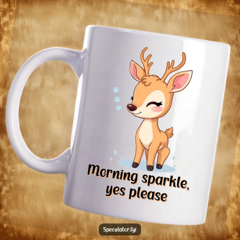 Funny mug showing a delighted deer gently admiring a single, sparkling dewdrop on a blade of grass, embodying peaceful curiosity.