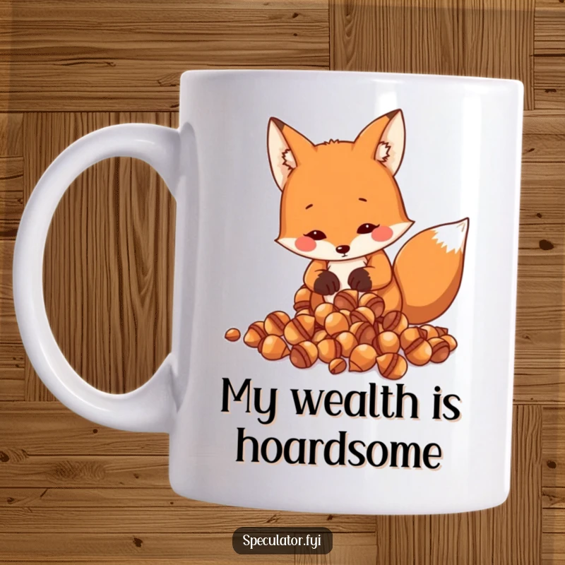 Funny Fox Mug: a resourceful fox meticulously counts shiny acorns, embodying a clever and humorous approach to saving.