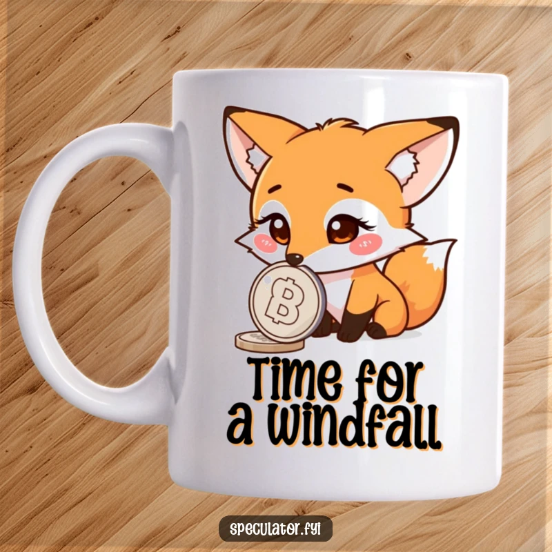 Funny fox mug, curious character with perked ears watching a spinning coin, intrigued animal, perfect for the curious.