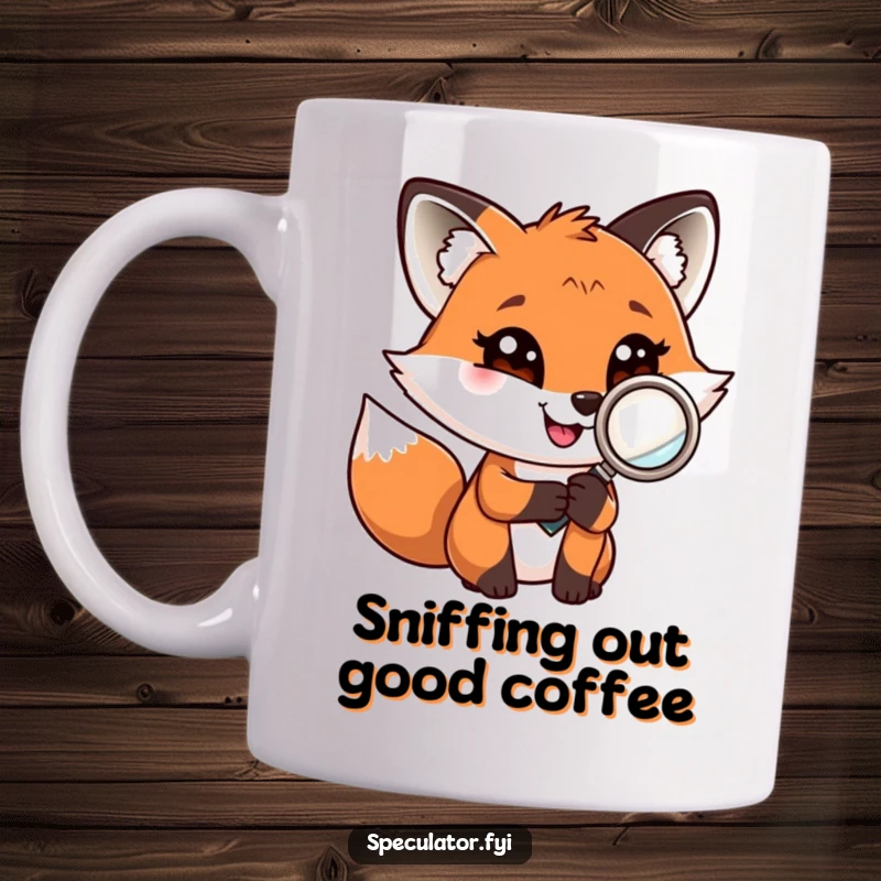 Funny playful fox with a confident grin, holding a tiny magnifying glass, on a mug, ready for investigation.