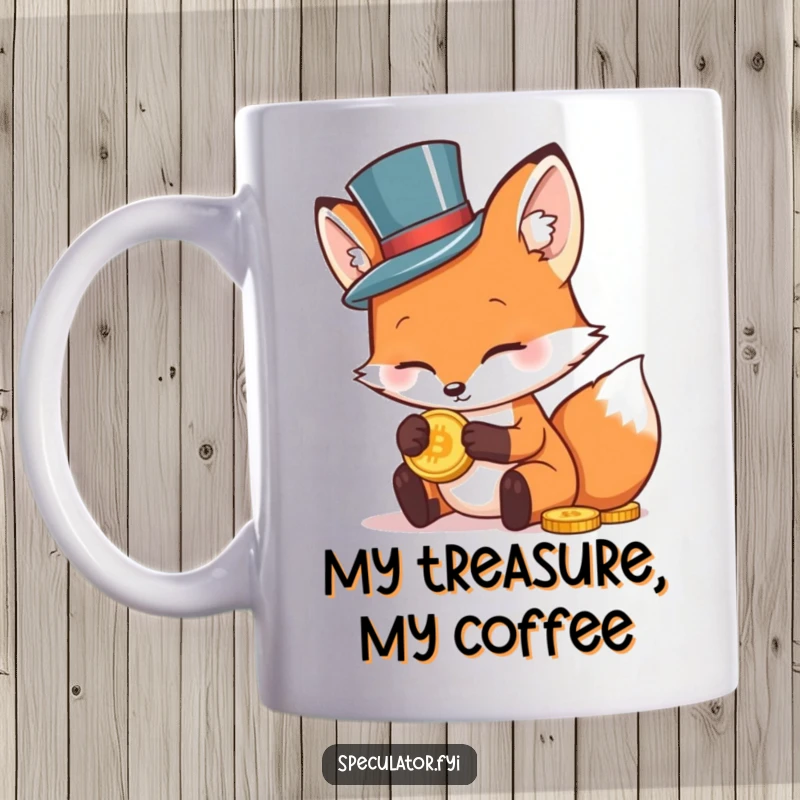 Funny fox in a tiny top hat examining a gold coin with a monocle, looking very sophisticated and wealthy, perfect gift.