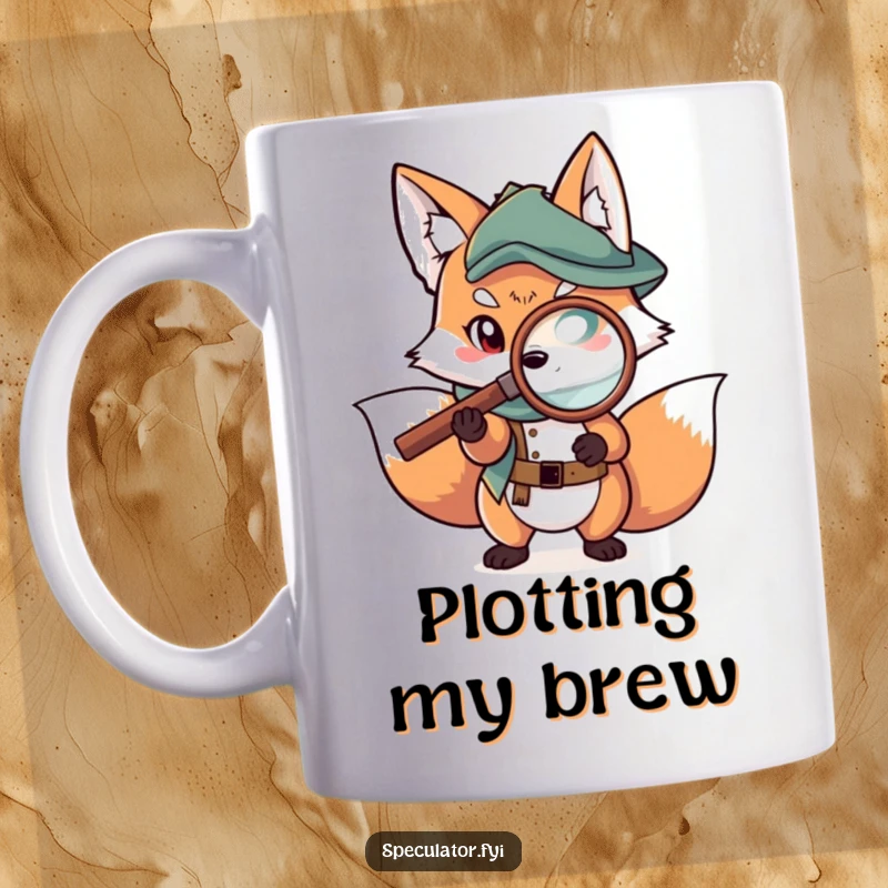 Funny fox mug with a scheming character holding a magnifying glass to a detailed map.