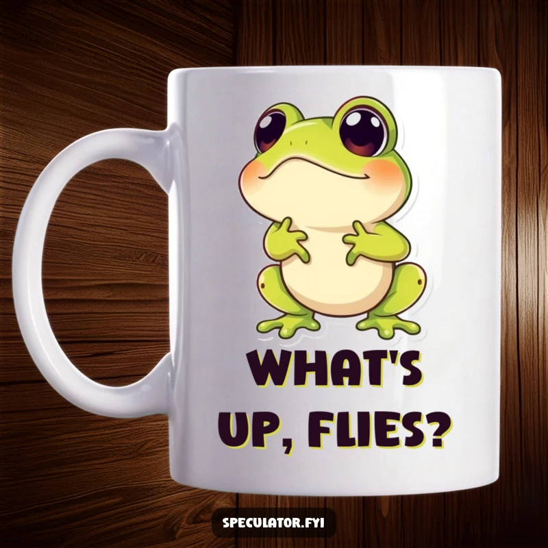Funny mug featuring a hopping frog character with a curious, speculative gaze looking upwards, ready for a laugh.