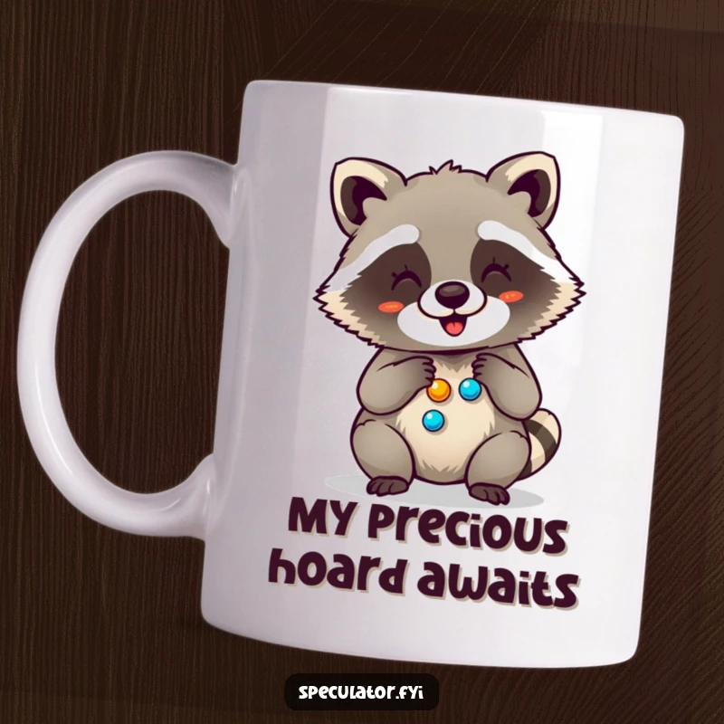 Funny mug with a giggling raccoon happily counting a pile of shiny buttons, showcasing its mischievous and materialistic nature.