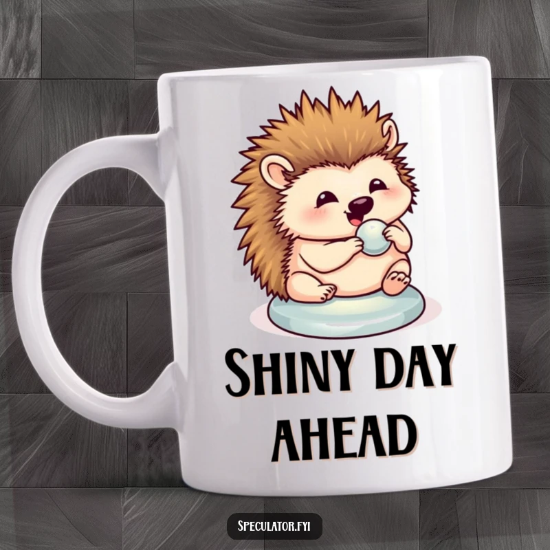 Funny hedgehog mug depicting a contented hedgehog meticulously polishing a shiny button with care.