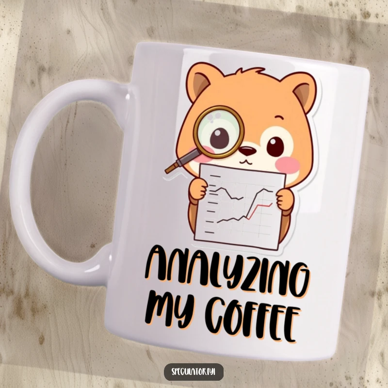 Funny Kawaii animal mug, wearing a tiny monocle and peering intently at a chart, emphasizing intelligence and curiosity.