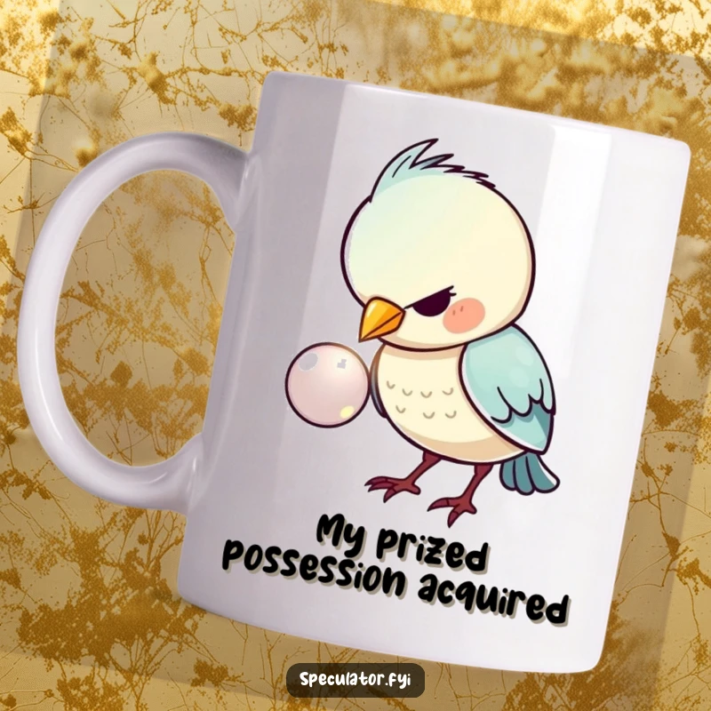 Funny mug with a kawaii bird intensely examining a shiny button, showing deep concentration and curiosity, perfect for gift-givers.