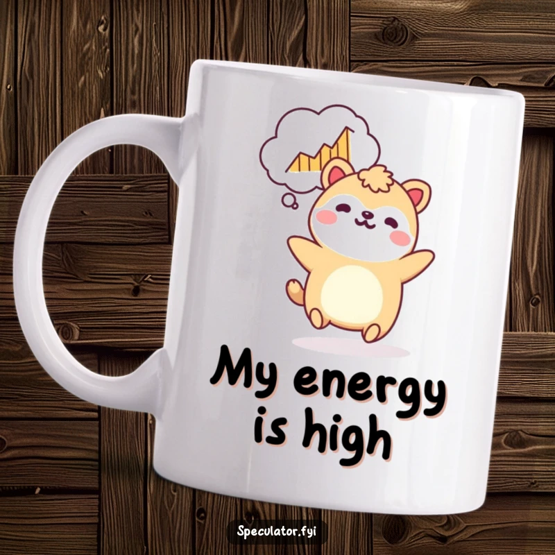 Funny Kawaii animal mug, bouncing with a rising graph thought bubble, celebrating market success and making a funny gift.