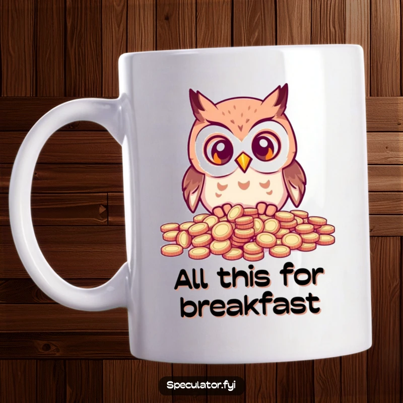 Funny kawaii owl with wide, amazed eyes staring at a scattered pile of coins, depicted on a humorous coffee mug.