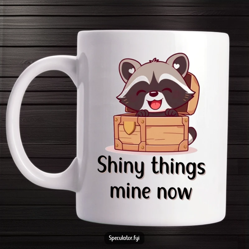 Funny kawaii raccoon mug, peering gleefully into an open treasure chest, perfect for coffee and tea lovers.