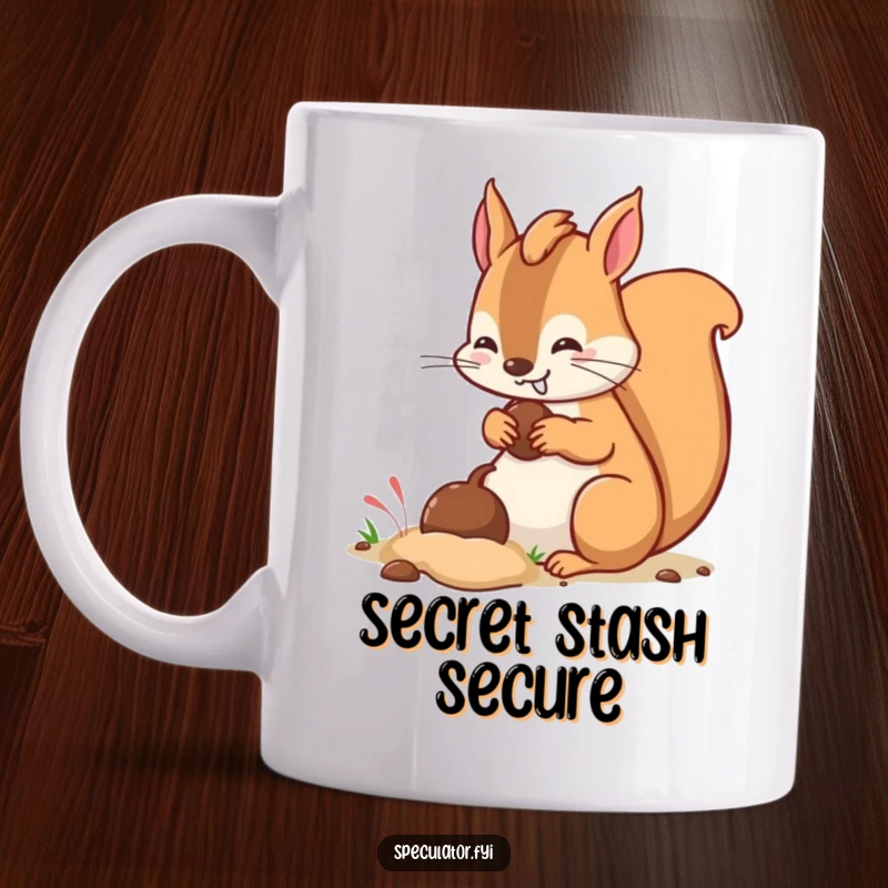 Funny kawaii squirrel character with a sly grin burying a large acorn with its paws on a mug.
