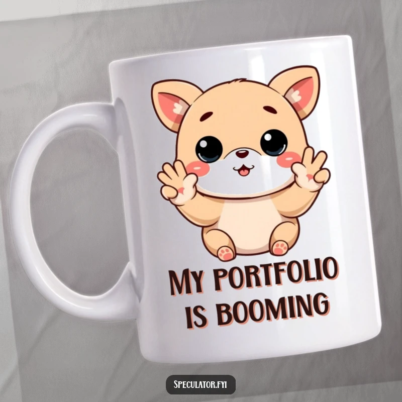 Funny Kawaii animal mug showing buy low sell high paws gesture, perfect for witty stock traders and funny gift seekers.