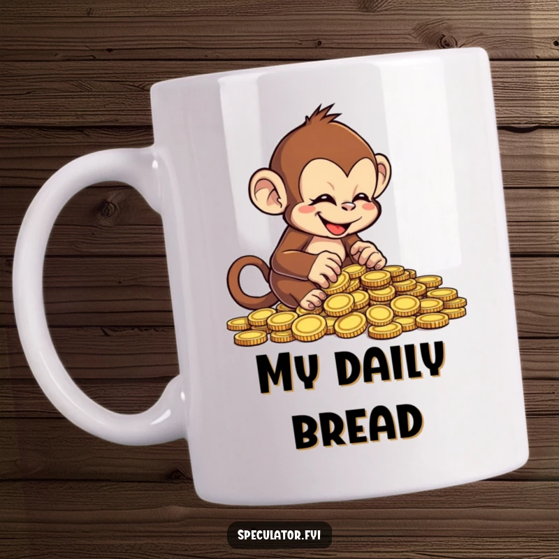 Funny cheeky monkey mug, gleefully examining a pile of coins, a humorous and treasure-loving character.