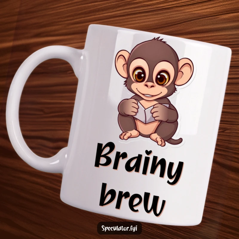 Funny mug showing a clever monkey with wide eyes, intently analyzing complex unfolding patterns with curiosity.