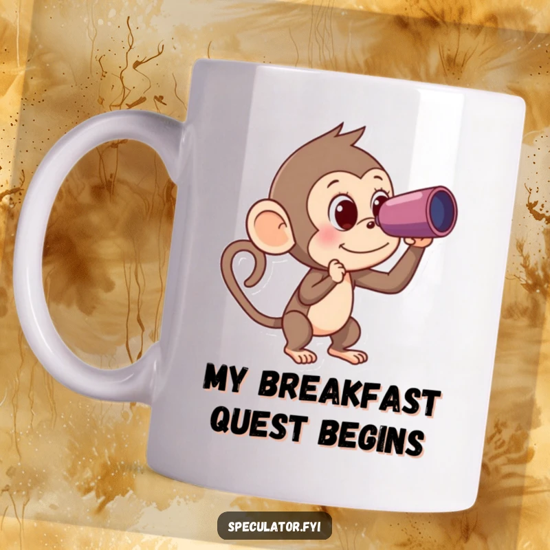 Funny Monkey Mug: a curious monkey peers through a spyglass, seeking a distant banana, embodying an adventurous and humorous spirit.