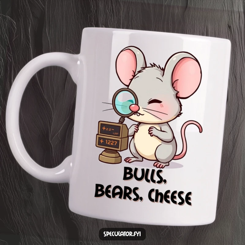Funny mouse mug with a monocle, cleverly examining a floating market ticker, embodying financial savvy and humor. A smart and funny gift.
