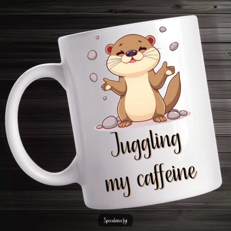 Funny playful otter character mug juggling shiny pebbles with impressive dexterity, showcasing aquatic skill and whimsical humor.
