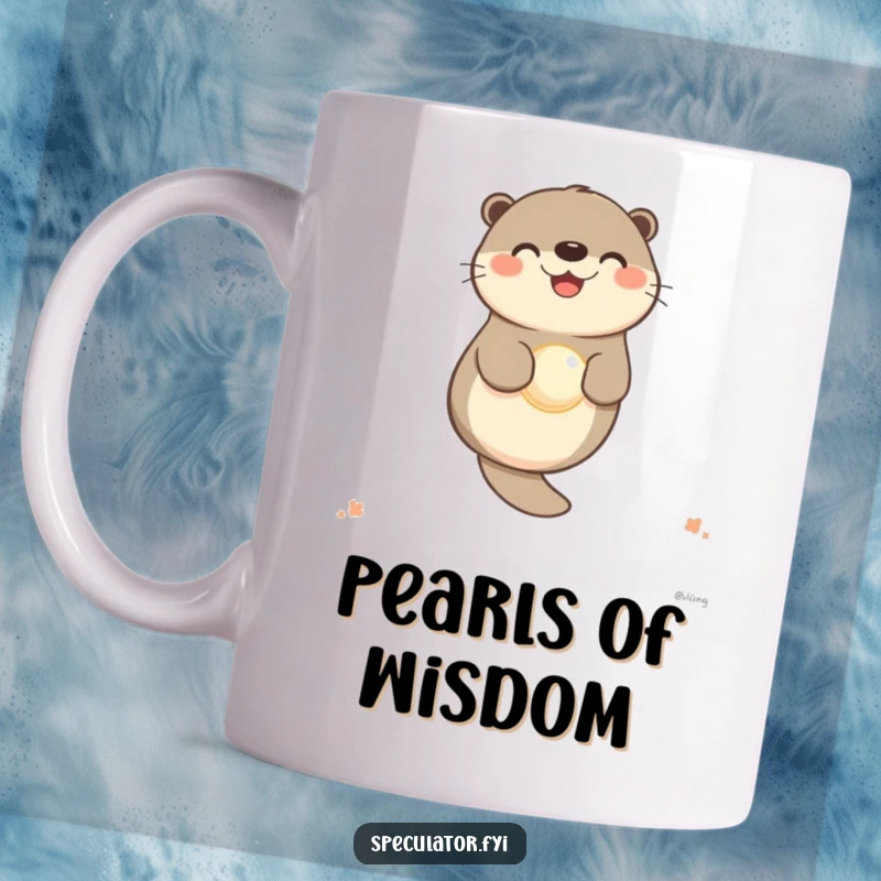 Funny otter mug with a happy character floating on its back, contentedly holding a shiny pearl.