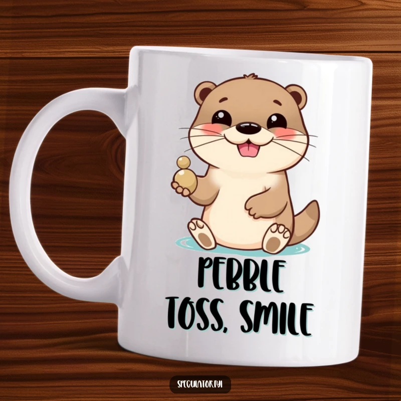 Funny otter mug with a lively grin, playfully tossing a shiny pebble, embodying pure joy and fun. A cheerful and funny gift.