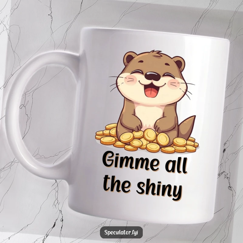 Funny otter mug, grinning widely, sitting happily amidst a pile of shiny coins, wealth humor.
