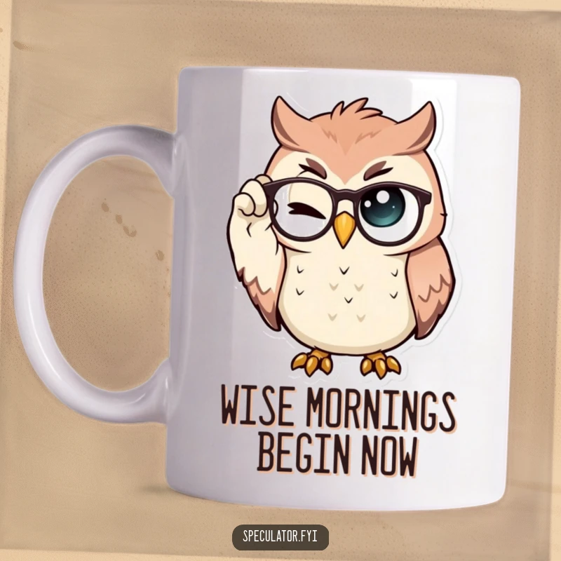 Funny Owl Mug featuring a proud owl adjusting spectacles with a cheeky wink, symbolizing wisdom and playful intelligence.