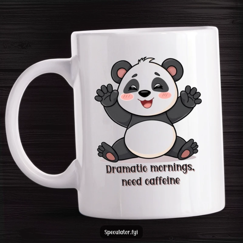 Funny Panda Mug featuring a smiling panda performing a dramatic pose with flair, perfect for anyone with a flair for the dramatic.