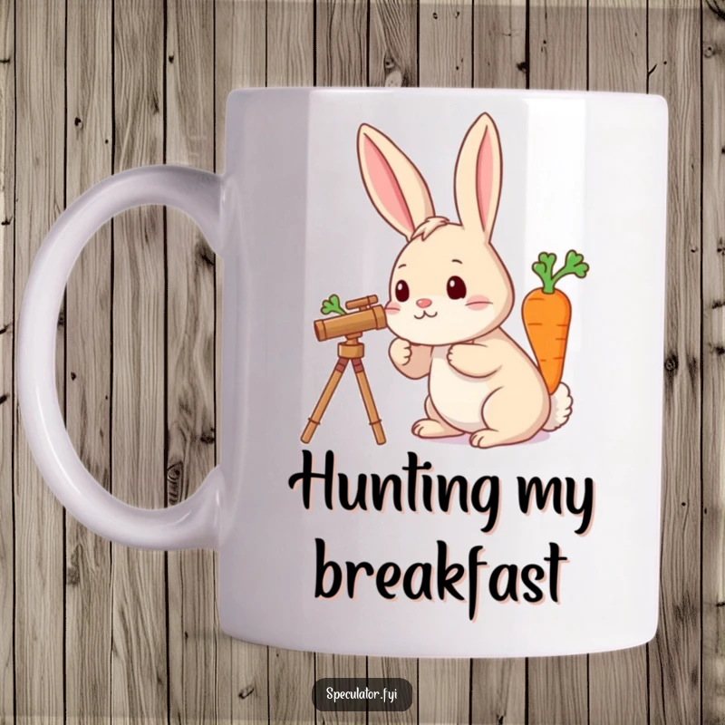 Funny mug graphic of a rabbit with a telescope, intently searching the stars for a giant carrot, with a look of wonder.