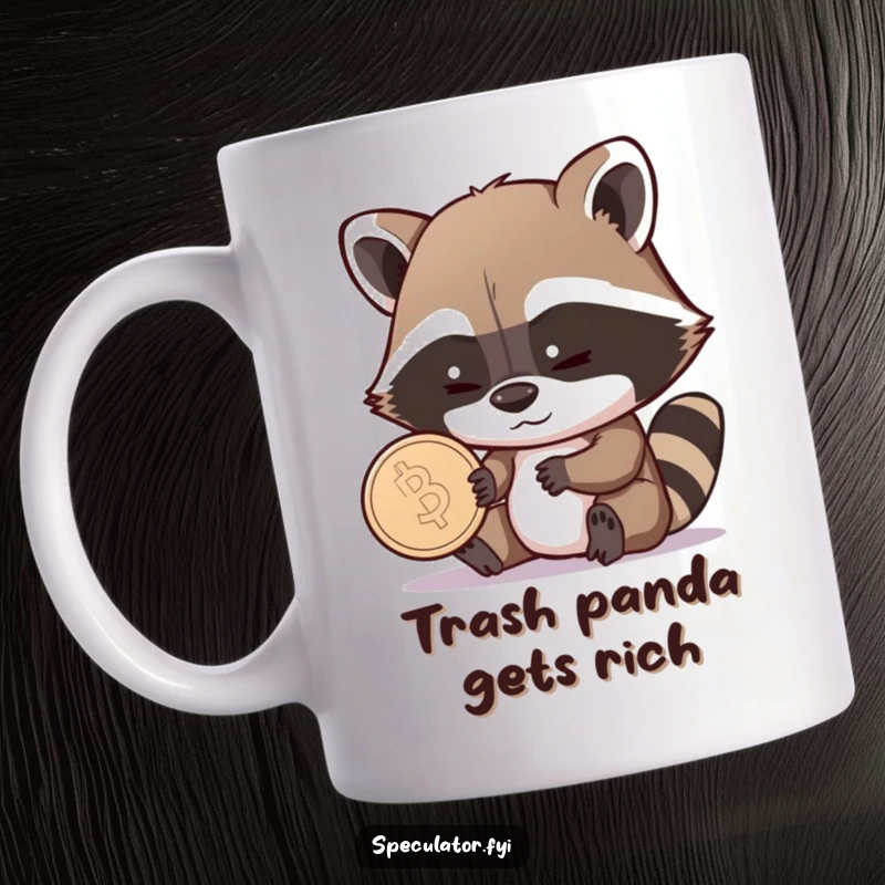 Funny Raccoon Mug: a shrewd raccoon examines a coin with a sly, knowing grin, embodying a humorous and cunning personality.