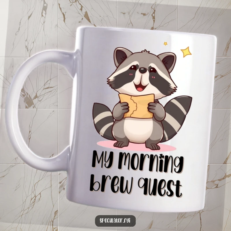 Funny raccoon mug showing a mischievous raccoon holding a treasure map high, ready for a fun-filled adventure.