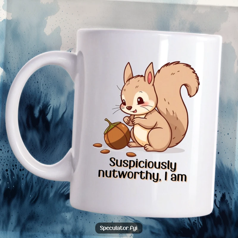 Funny squirrel mug with a bushy tail, suspiciously eyeing a fallen nut, perfect for a humorous gift.