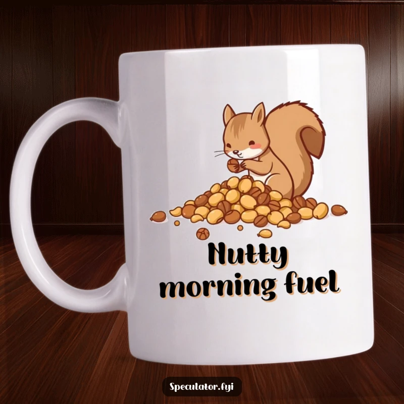 Funny mug graphic of a busy squirrel carefully sorting acorns and nuts into distinct piles, showing intense concentration.