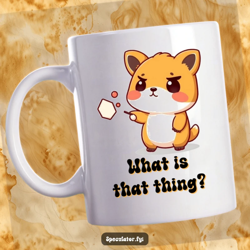 Funny Kawaii Animal Mug: A perplexed creature points with a furrowed brow at a distant, abstract shape, expressing confusion hilariously.