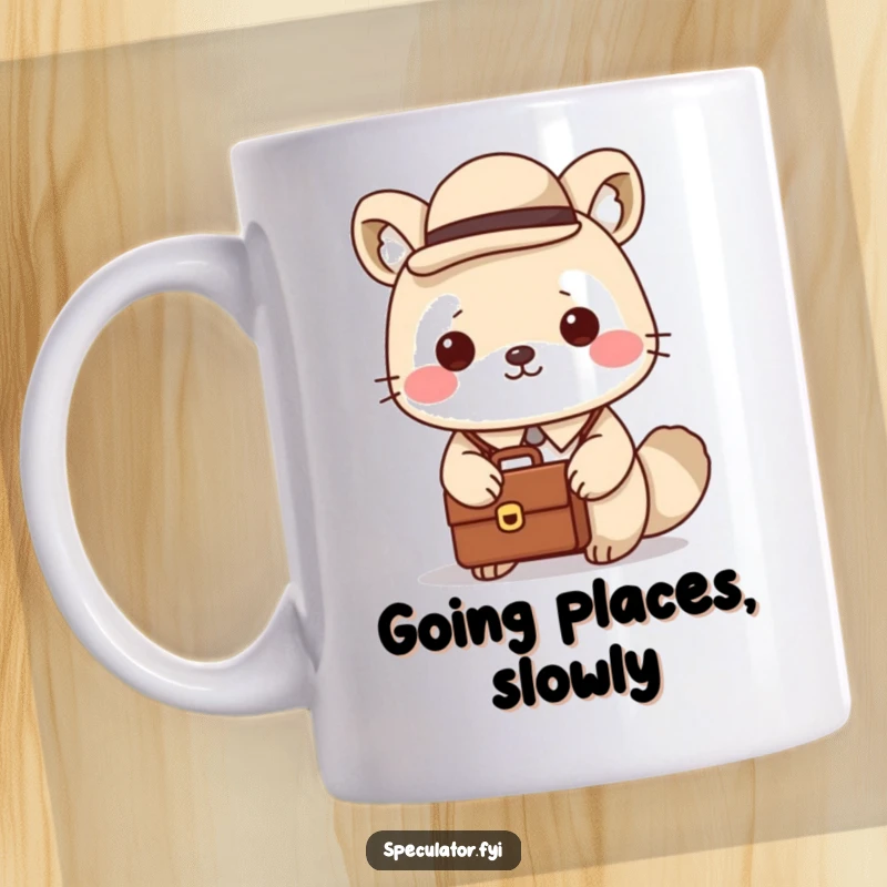 Funny Kawaii Animal Mug: A stylish Kawaii animal in a bowler hat holds a briefcase, exuding funny, professional charm.