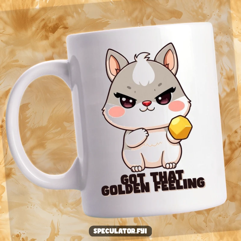 Funny Kawaii animal mug with sly wink holding a golden nugget, celebrating success and making a funny gift.