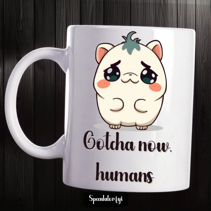 Funny Kawaii Creature Mug: A small creature tilts its head, sporting a mischievous, calculating grin, hinting at funny schemes.